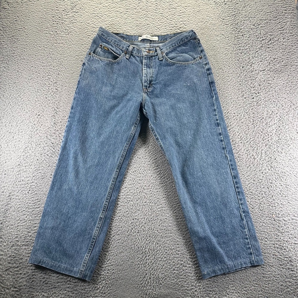 Lee Jeans Mens 34x26 Blue Cotton Denim‎ Straight Cropped Relaxed Workwear Faded